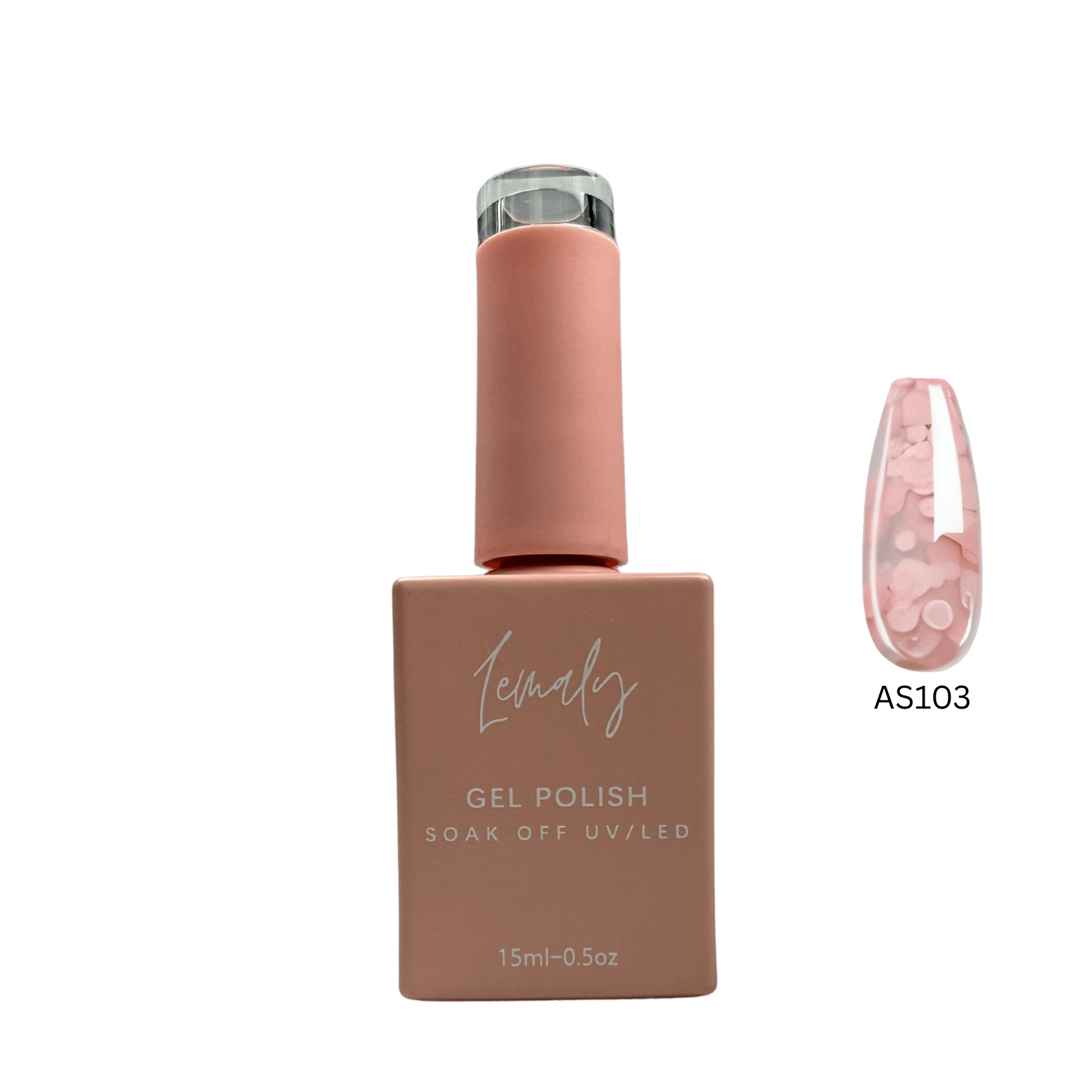 Lemaly LumiGlam Vernis Gel Polish AS103, high-shine pink with micro-glitters, 15ml Soak Off UV/LED bottle and swatch.