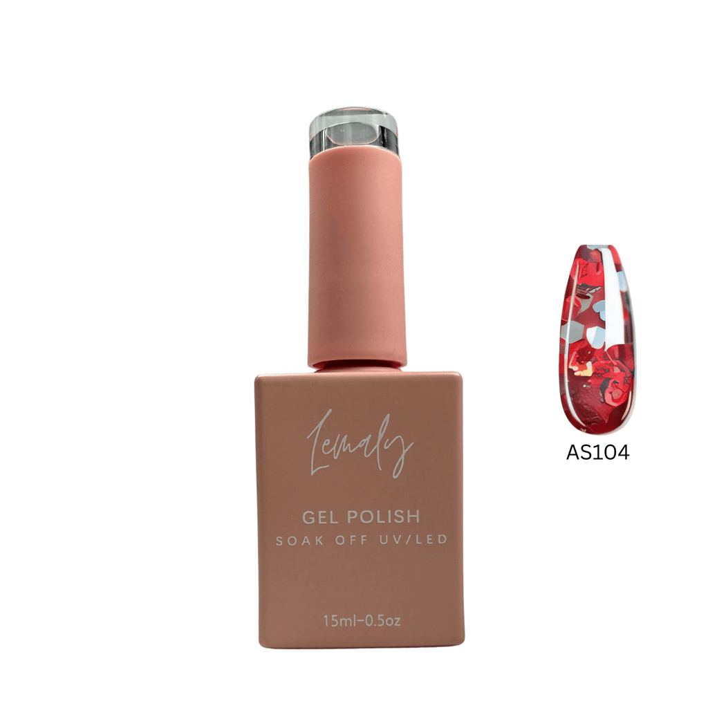 Lemaly LumiGlam Vernis Gel AS104, vibrant red shade with micro-glitter, in 15ml UV/LED soak-off bottle from 2025 collection
