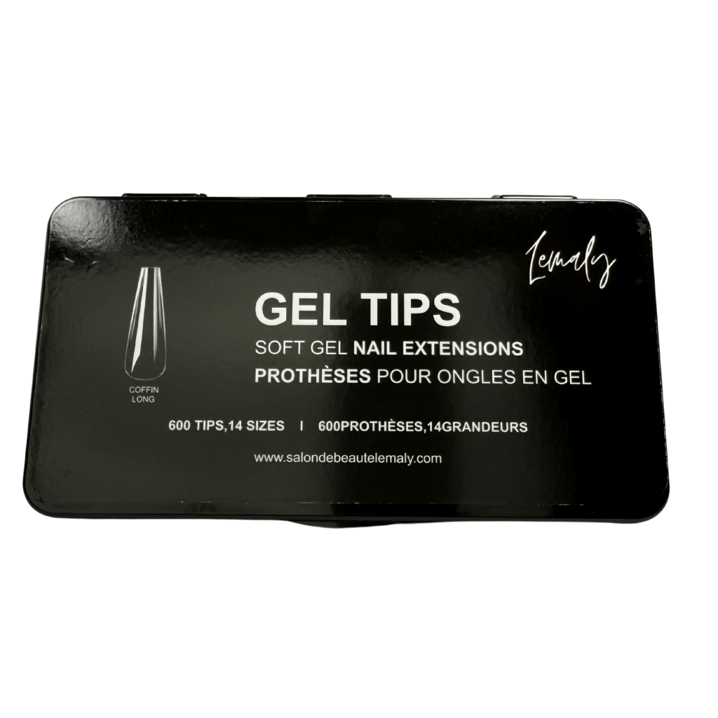 Packaging for Gel Tips by Lemaly, featuring soft gel nail extensions with 600 tips in 14 sizes for professional nail styling.
