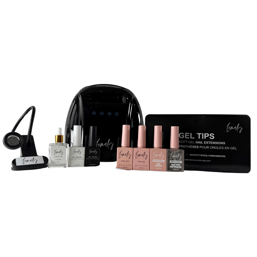 L’Essentiel Gel X Kit by Lemaly with UV/LED Lamp, gel polishes, and accessories for professional and home gel nail extensions.