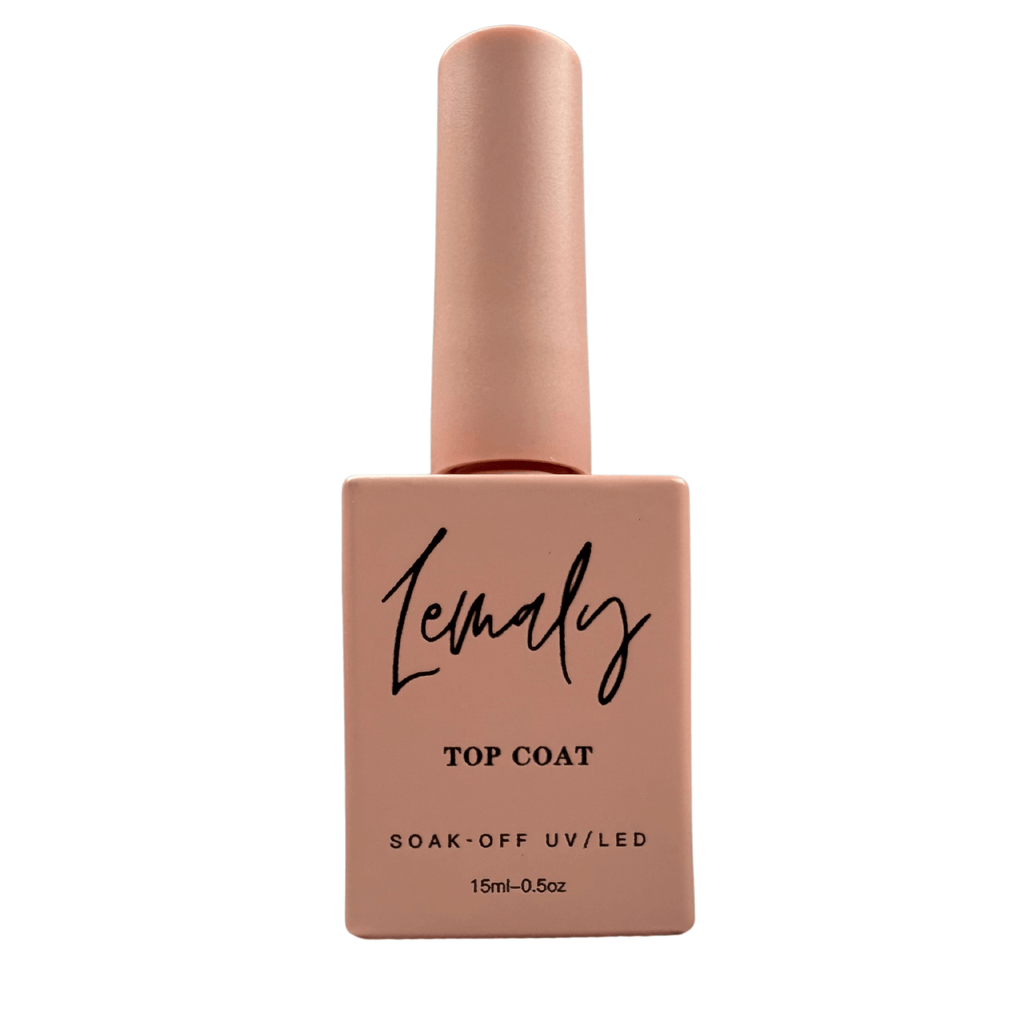 Lemaly Soak Off Top Coat bottle, 15ml, known for high shine, scratch resistance, and UV/LED quick drying. Ideal for a mirror-like finish.