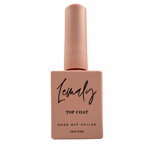 Lemaly Soak Off Top Coat bottle, 15ml, known for high shine, scratch resistance, and UV/LED quick drying. Ideal for a mirror-like finish.